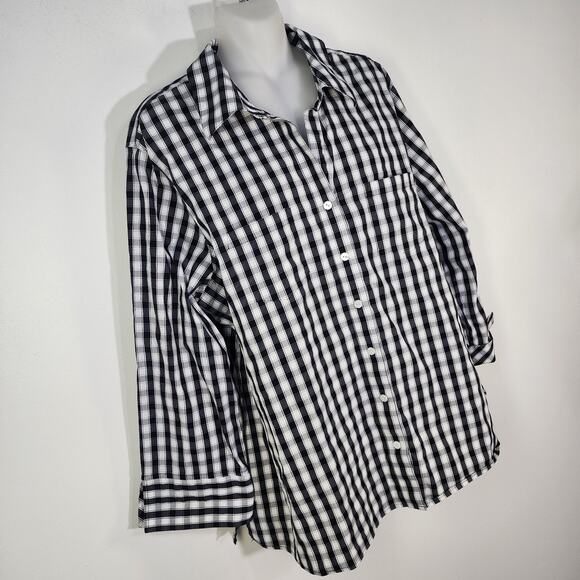 Foxcroft Shirt Shaped Fit Women 18W Button Black White Gingham 3/4 Sleeve Pocket - Picture 4 of 10